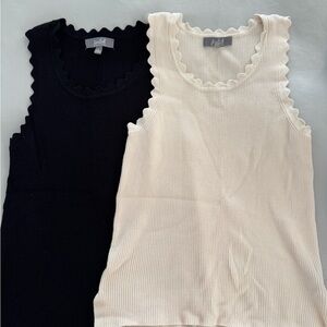 Marled Scalloped Edge Ribbed Tank Top - Black and Cream